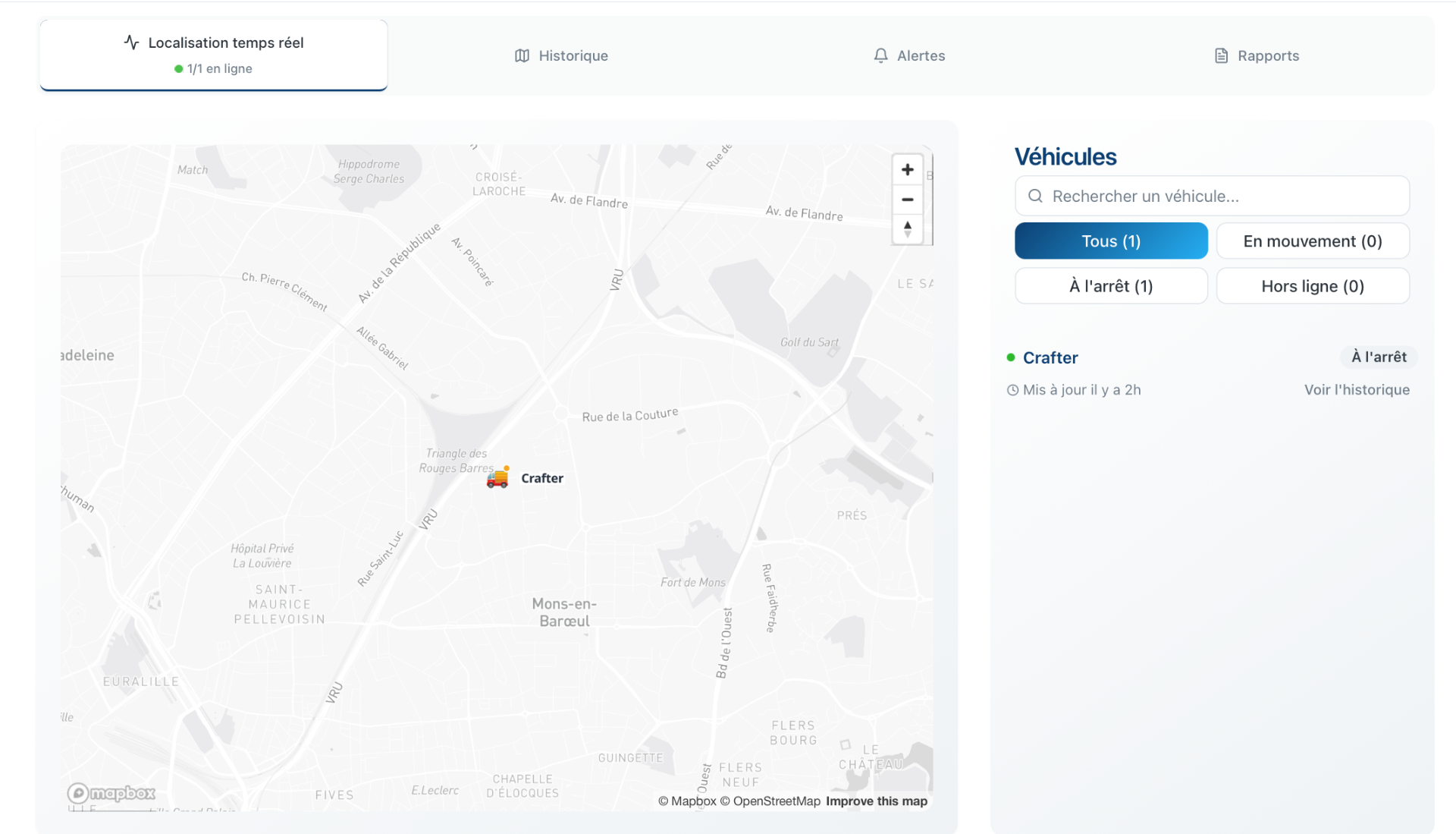 Carte temps réel Baleina Fleet montrant la position et le statut d'un véhicule